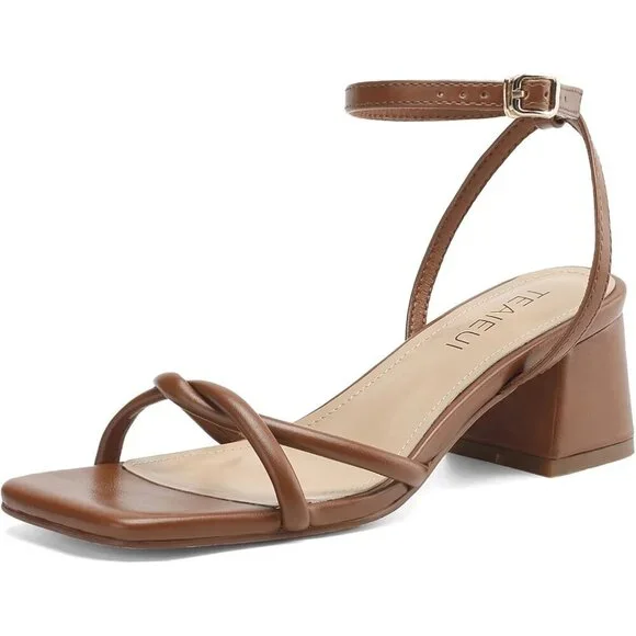 Women's Open Square Toe Chunky Block Sandals Chic Strappy Heels Brown Shoes - Picture 1 of 6